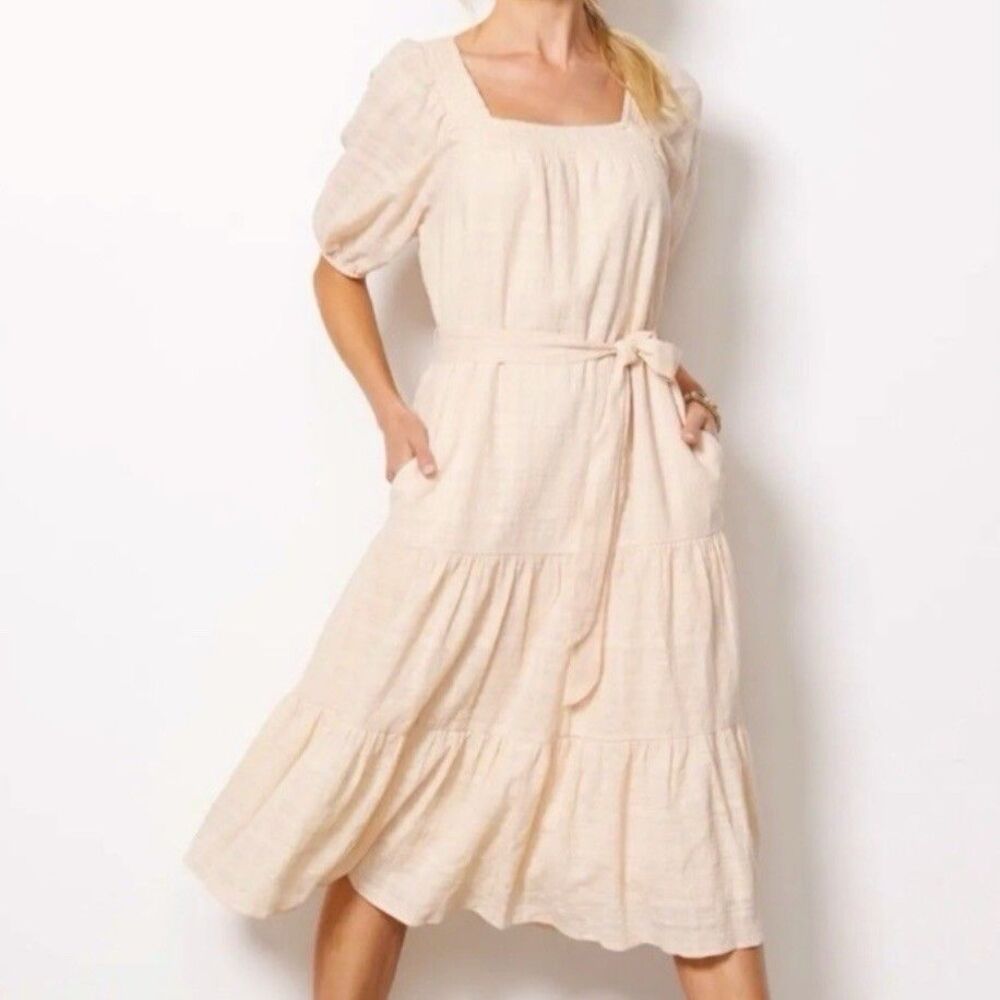 Evereve Carly Midi Dress Blush Cream Cotton Puff Sleeve Cottagecore Prairie XL
